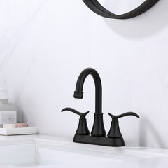 Bathroom Faucet Matt Black with Pop-up Drain & Supply Hoses 2-Handle 360 Degree High Arc Swivel Spout Centerset 4 Inch Vanity Sink Faucet