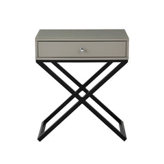 Koraldo 23"W Taupe Wooden End Side Table Nightstand with Glass Top, Drawer and Metal Cross Base