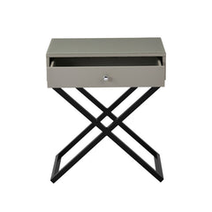 Koraldo 23"W Taupe Wooden End Side Table Nightstand with Glass Top, Drawer and Metal Cross Base