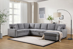 Samira 137"W Gray Chenille Sectional Sofa with Right-Facing Chaise, Underseat Storage, Throw Pillows