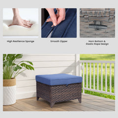 Outdoor PE Wicker Ottomans Set of 2, Patio Gray Rattan Footrests with Blue Cushions for Backyard or Deck