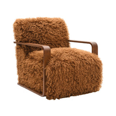 Camel Brown Finish 1pc Accent Chair Long Soft Faux Fur Retro Inspired Curve Wooden Arms Tight Seat And Back Primary living Room