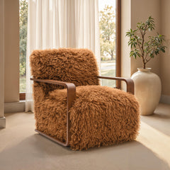 Camel Brown Finish 1pc Accent Chair Long Soft Faux Fur Retro Inspired Curve Wooden Arms Tight Seat And Back Primary living Room