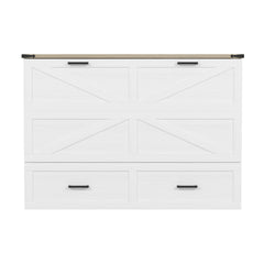 Queen Size Farmhouse Murphy Cabinet Bed with Charging Station, Foldable Platform Bed with Large Storage Drawer for Guest-Room, Small Bedroom, White