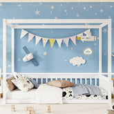 Twin Size Canopy Frame Floor Bed with Fence, Guardrails,White (Old Sku:W504P143278)