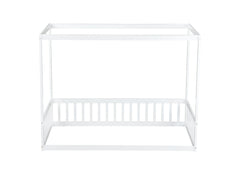 Twin Size Canopy Frame Floor Bed with Fence, Guardrails,White (Old Sku:W504P143278)