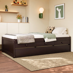 Twin Platform Bed with Trundle and 2 drawers,SolidWood Beds with Power strip,Espresso