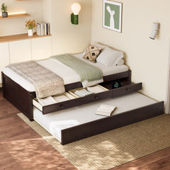 Twin Platform Bed with Trundle and 2 drawers,SolidWood Beds with Power strip,Espresso