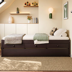 Twin Platform Bed with Trundle and 2 drawers,SolidWood Beds with Power strip,Espresso