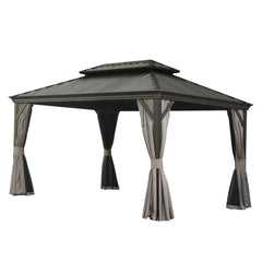 10' X 14' Hardtop Gazebo, Upgraded Metal Gazebo with Drainage System, Dual-Layer Galvanized Steel Roof, Curtain and Netting, Outdoor Shelter Canopy for Patio, Garden, and Backyard, Brown