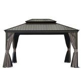 10' X 14' Hardtop Gazebo, Upgraded Metal Gazebo with Drainage System, Dual-Layer Galvanized Steel Roof, Curtain and Netting, Outdoor Shelter Canopy for Patio, Garden, and Backyard, Brown