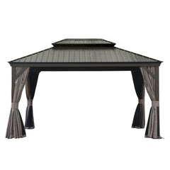 10' X 14' Hardtop Gazebo, Upgraded Metal Gazebo with Drainage System, Dual-Layer Galvanized Steel Roof, Curtain and Netting, Outdoor Shelter Canopy for Patio, Garden, and Backyard, Brown