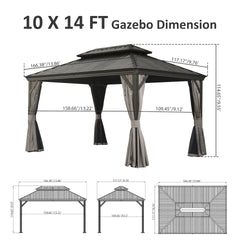 10' X 14' Hardtop Gazebo, Upgraded Metal Gazebo with Drainage System, Dual-Layer Galvanized Steel Roof, Curtain and Netting, Outdoor Shelter Canopy for Patio, Garden, and Backyard, Brown
