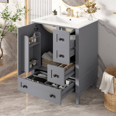 24-inch gray bathroom vanity with an integrated ceramic basin, featuring a door-mounted double-layer shelf, soft-close drawers, and a soft-close cabinet door.