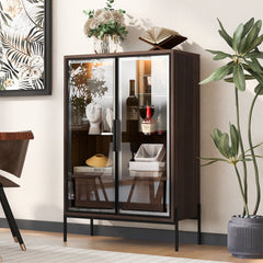 51.2'' Freestanding Display Cabinet, Pantry with 2 Storage Drawers and Glass Doors, Curio Cabinet with 4-Tier Adjustable Shelves and LED light, for Living Room, Kitchen, Office - Walnut