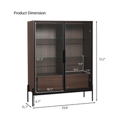 51.2'' Freestanding Display Cabinet, Pantry with 2 Storage Drawers and Glass Doors, Curio Cabinet with 4-Tier Adjustable Shelves and LED light, for Living Room, Kitchen, Office - Walnut