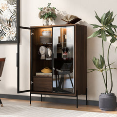 51.2'' Freestanding Display Cabinet, Pantry with 2 Storage Drawers and Glass Doors, Curio Cabinet with 4-Tier Adjustable Shelves and LED light, for Living Room, Kitchen, Office - Walnut
