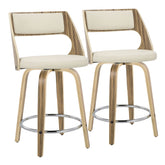 Cecina 24" Mid-Century Modern Fixed-Height Counter Stool with Swivel in Zebra Wood and Cream Faux Leather with Round Chrome Footrest by LumiSource - Set of 2