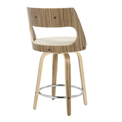 Cecina 24" Mid-Century Modern Fixed-Height Counter Stool with Swivel in Zebra Wood and Cream Faux Leather with Round Chrome Footrest by LumiSource - Set of 2
