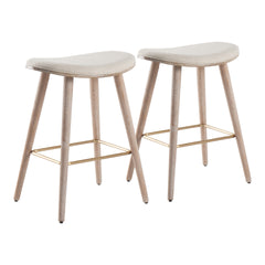 Saddle 26" Contemporary Counter Stool in White Washed Wood and Cream Fabric with Gold Metal by LumiSource - Set of 2