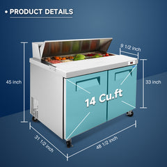 Orikool 48 IN Commercial Refrigerators Sandwich&Salad Prep Table with a Butcher Block Cutting Board, Protection Lid, Cold Storage, ETL Certified