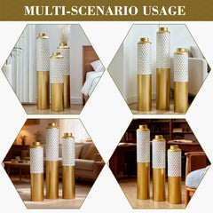 Decorative Metal Vases Set of 3, Gold and White Hexagonal Pattern Floor Vases, 32.6 28.34 24 Inch Tall for Home Decor, Modern Farmhouse or Glam Living Room Entryway Centerpiece (5.59in Base)