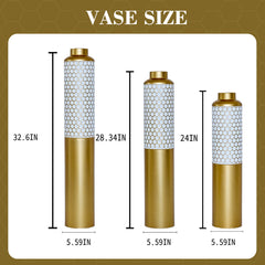 Decorative Metal Vases Set of 3, Gold and White Hexagonal Pattern Floor Vases, 32.6 28.34 24 Inch Tall for Home Decor, Modern Farmhouse or Glam Living Room Entryway Centerpiece (5.59in Base)