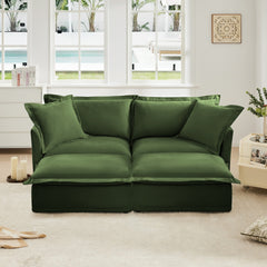Slipcovered Sofa 2 Seater Sofa With 2 Ottomans, 2 Seater Sleeper Sofa Bed Home Theater Oversized Sofa For Living Room, Chenille, Green