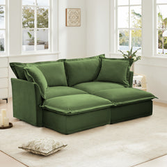 Slipcovered Sofa 2 Seater Sofa With 2 Ottomans, 2 Seater Sleeper Sofa Bed Home Theater Oversized Sofa For Living Room, Chenille, Green