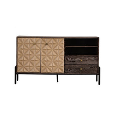 56.30" Mid-Century Modern Sideboard Cabinet - Solid Wood & MDF 3D Geometric Pattern Buffet, 2 Doors + 2 Drawers Storage Console Table for Living Room/Dining Room (Black Metal Legs)