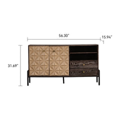 56.30" Mid-Century Modern Sideboard Cabinet - Solid Wood & MDF 3D Geometric Pattern Buffet, 2 Doors + 2 Drawers Storage Console Table for Living Room/Dining Room (Black Metal Legs)