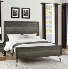 Contemporary Full Bed Solid Acacia Wood Metal Legs Slat Design Paneling 3-tone Gray Finish Bedroom Furniture 1pc