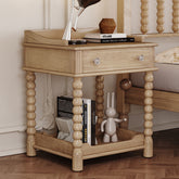 Retro Style Nightstand with Drawer and Open Shelf for Bedroom, Bedside Table with Turned Legs and Metal Handle,Natural
