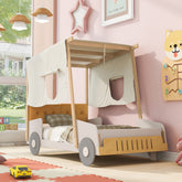 Wood Twin Size Car Bed with Pillow, Ceiling Cloth, Natural