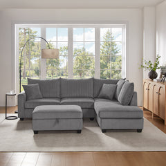 Rowan 107"W Dark Gray Corduroy Fabric Sectional Sofa with Right Facing Chaise, USB & USB-C Charging Port, Storage Ottoman, and Pillows