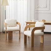 2-Pack Dining Chairs with Pillow Back, White Boucle Fabric, Natural Color Solid Wood Frame