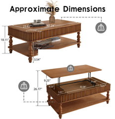 47.24" Vintage Brown Lift Top Coffee Table, Tool-Free Assembly Solid Wood with Fluted Details & Solid Roman Legs, Classic Lift-Top Desk for Living Room