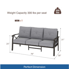 70” All-Weather Metal 3-Seat Patio Sofa, Khaki Frame with Gray Cushions