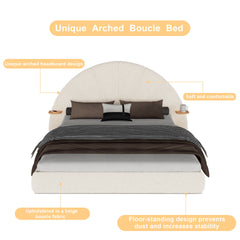 Unique Arched Boucle Bed with Small Table,Queen,Beige