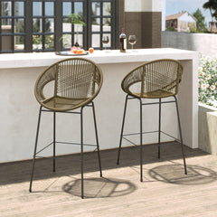 Ferrara Outdoor Patio Green Faux Wicker Barstool, Set of 2