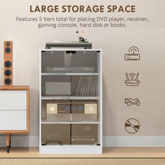 HOMCOM Media Cabinet, 4-Tier Stereo Cabinet, Modern Audio Video Media Stand with Adjustable Shelves, Tempered Glass Doors, and Cable Management, Distressed White