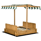 Outsunny Wooden Kids Sandbox with Cover, Children Outdoor Sand Box with Foldable Bench Seats, Adjustable Canopy, Bottom Liner for Outdoor, Brown