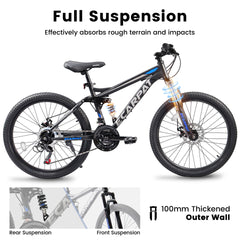 A2460 24 Inch Mountain Bike with Full Suspension, 21 Speed Shifter Lever with Gear Indicator, High Carbon Steel Frame, Mechanical Disc Brakes, Unisex for Men/Women/ Adults, Ideal for Trails.