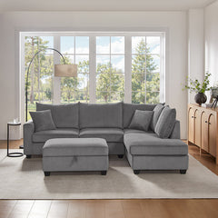 Romano 107"W Dark Gray Corduroy Fabric Sectional Sofa with Right Facing Chaise, USB & USB-C Charging Port, Storage Ottoman, and Pillows