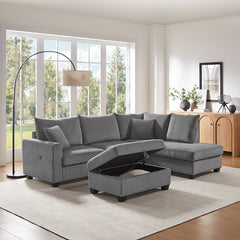 Romano 107"W Dark Gray Corduroy Fabric Sectional Sofa with Right Facing Chaise, USB & USB-C Charging Port, Storage Ottoman, and Pillows