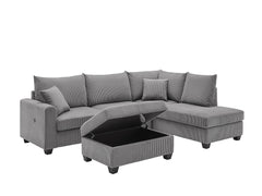 Romano 107"W Dark Gray Corduroy Fabric Sectional Sofa with Right Facing Chaise, USB & USB-C Charging Port, Storage Ottoman, and Pillows