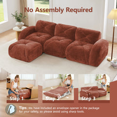 L-shaped Soft Velvet Fabric,Boneless Sofa,Tufted Design,Ergonomic Design Bottom,32D High Density Sponge,No Assembly Required Bottom,Anti-Slip Design,Movable Ottoman For Living Room,Red Brown