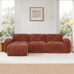 L-shaped Soft Velvet Fabric,Boneless Sofa,Tufted Design,Ergonomic Design Bottom,32D High Density Sponge,No Assembly Required Bottom,Anti-Slip Design,Movable Ottoman For Living Room,Red Brown