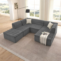 135" U-Shaped Modular Sectional Sofa with Chaise and Movable Ottoman for Living Room, Chenille Upholstered Boneless Couches with Wave-Shaped Armrest, No Pillows Included