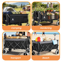 52-inch Extended Heavy-Duty Foldable Utility Wagon, 560lbs, Patented Ultra-Stable Frame, 1:6 Space-Saving Fold, Portable and Collapsible for Beach, Sports, and Garden Use, Black+Gray